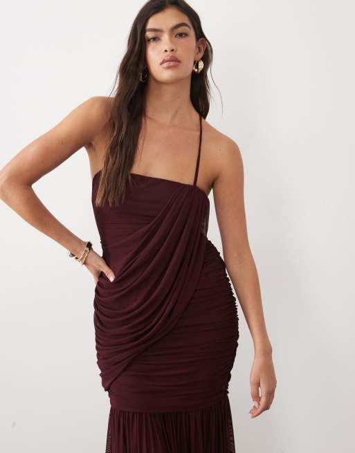 ASOS DESIGN robe longue en tulle sans manches à drapé asymétrique en prune, 4 de 4