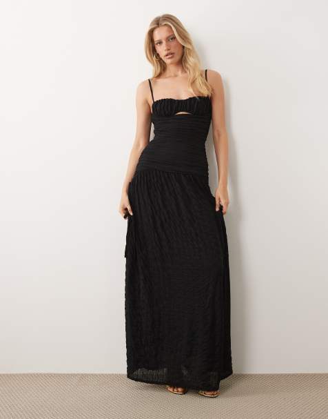 ASOS DESIGN - Robe longue en tulle texturé avec corsage froncé et détails noués - Noir - view 1
