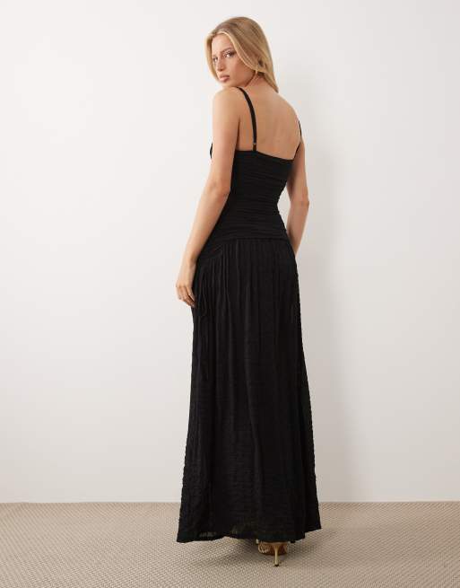 ASOS DESIGN - Robe longue en tulle texturé avec corsage froncé et détails noués - Noir, 4 de 4