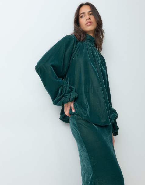 ASOS DESIGN robe longue en velours à col montant bleu canard - view 1