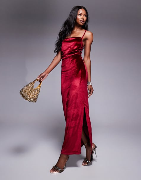ASOS DESIGN - Robe longue en velours à coutures froncées sur les côtés - Prune - view 1