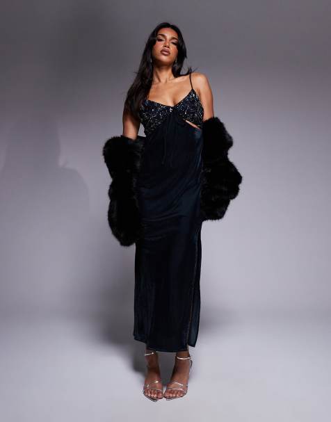 ASOS DESIGN - Robe longue en velours avec corsage ornementé et découpes - Bleu nuit - view 1