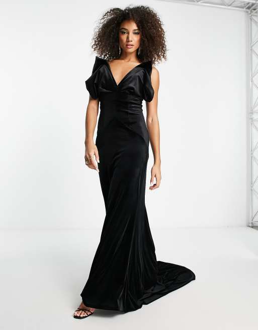 ASOS DESIGN Robe longue en velours avec corsage sculpt et tra ne Noir