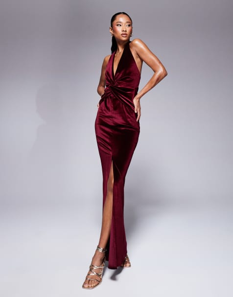 ASOS DESIGN - Robe longue en velours avec décolleté plongeant et détail torsadé à l'avant - Bordeaux - view 1