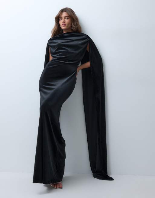 ASOS DESIGN robe longue en velours avec détail drapé façon écharpe en noir, 4 de 4
