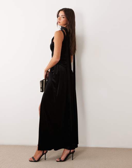 ASOS DESIGN robe longue en velours avec détail écharpe en noir, 4 de 4