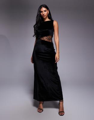 Robe longue en velours avec empiècement en dentelle - Noir M