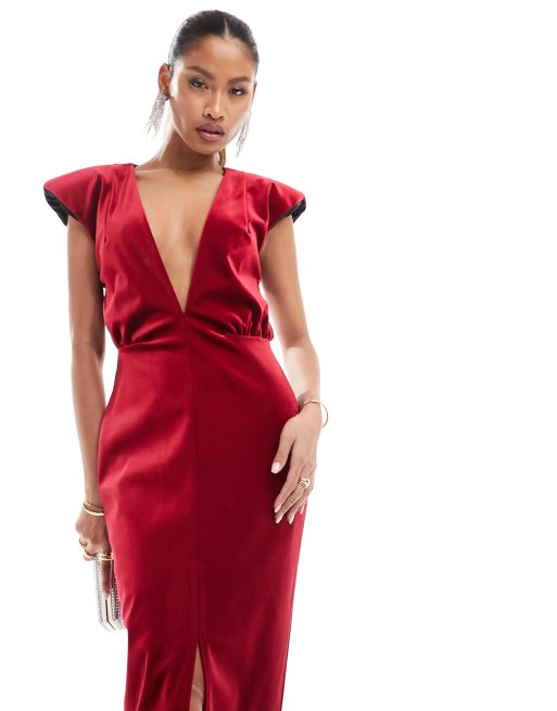 ASOS DESIGN Robe longue en velours de qualit sup rieure d collet plongeant et paulettes Rouge