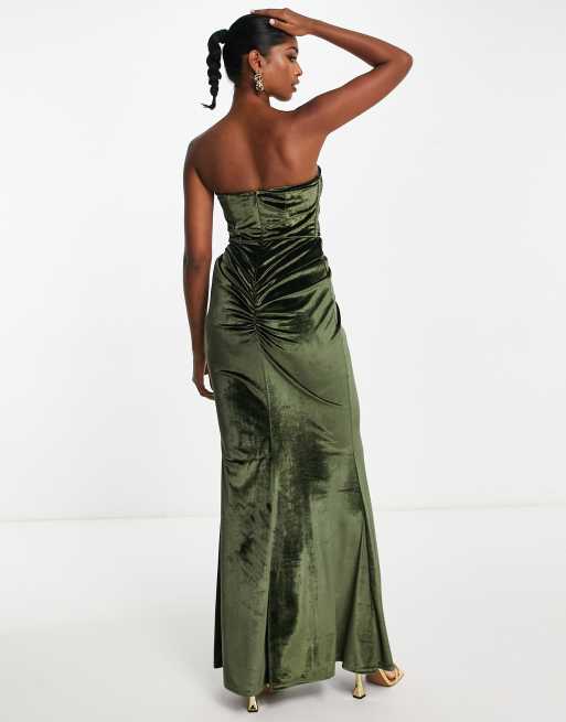 ASOS DESIGN - Robe longue en velours nouée devant à décolleté plongeant et armature en V - Olive, 2 de 4