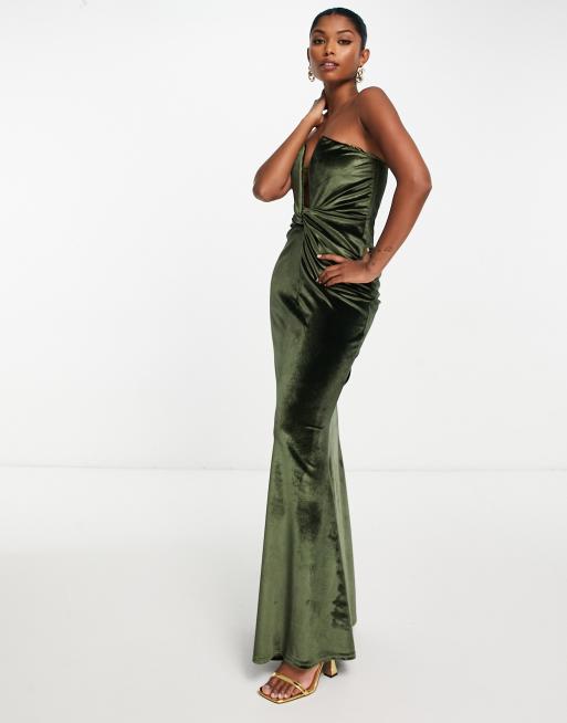 ASOS DESIGN - Robe longue en velours nouée devant à décolleté plongeant et armature en V - Olive, 4 de 4