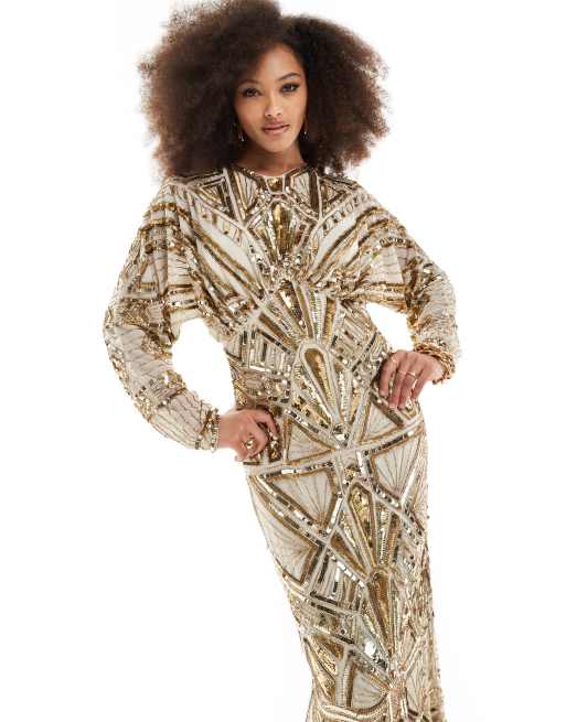 ASOS DESIGN - Robe longue ergonomique à manches chauve-souris et ornements - Doré, 4 de 4