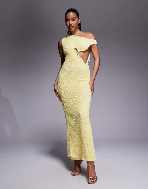 ASOS DESIGN - Robe longue et asymétrique en maille crochetée avec détail métallique - Jaune - view 1