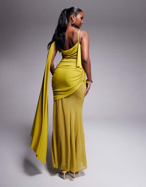 ASOS DESIGN - Robe longue et asymétrique près du corps avec fronces et jupe transparente - Chartreuse, 3 de 4