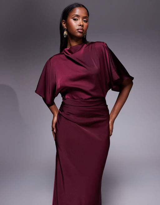 ASOS DESIGN - Robe longue et blousante en satin avec col montant et manches évasées - Prune, 3 de 4