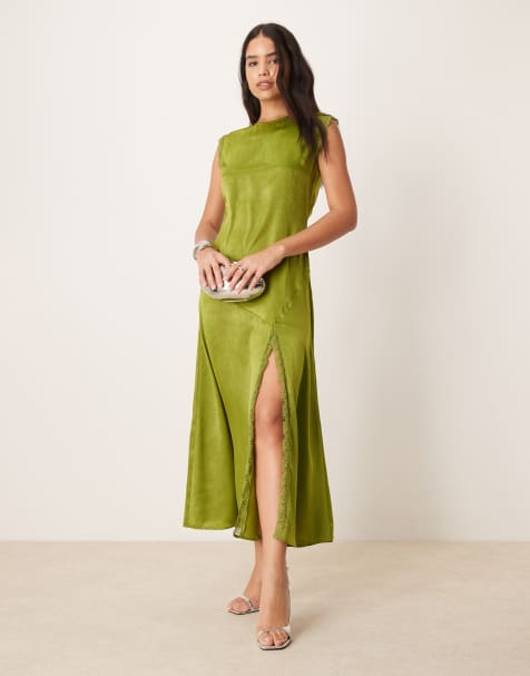 ASOS DESIGN - Robe longue et fendue à bordures dentelle - Olive - view 1