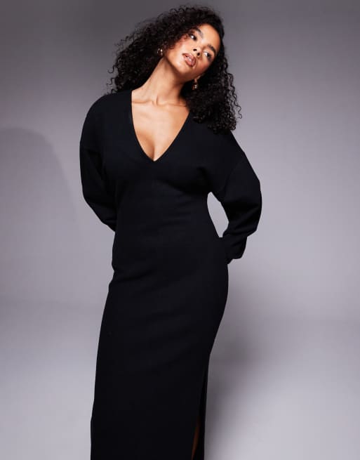 ASOS DESIGN - Robe longue et fluide en tissu ultra doux à col V - Noir, 2 de 4