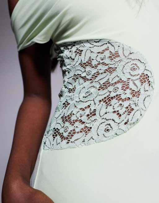 ASOS DESIGN - Robe longue et sans manches avec épaule dénudée et empiècement en dentelle - Vert sauge, 2 de 4