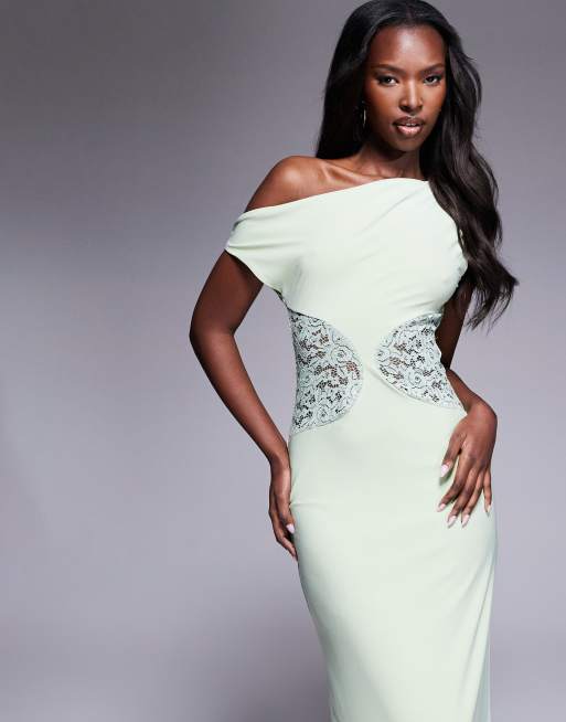 ASOS DESIGN - Robe longue et sans manches avec épaule dénudée et empiècement en dentelle - Vert sauge, 3 de 4