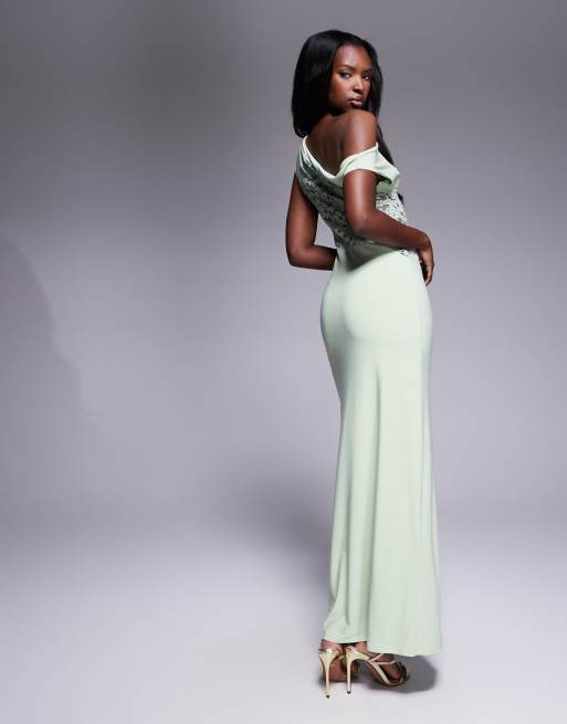 ASOS DESIGN - Robe longue et sans manches avec épaule dénudée et empiècement en dentelle - Vert sauge, 4 de 4