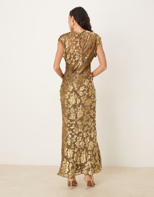 ASOS DESIGN - Robe longue et sans manches en velours dévoré avec col ras de cou et détail noué au dos - Moka, 3 de 4