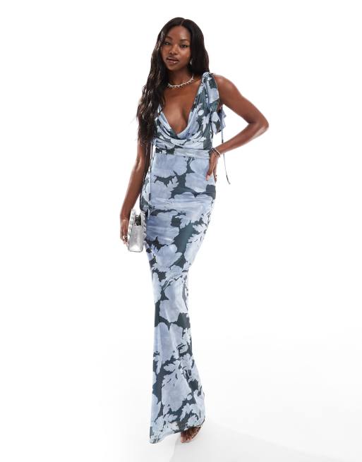 ASOS DESIGN Robe longue et scintillante a detail noue et imprime fleuri avec decollete plongeant style benitier Bleu ASOS