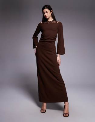 Robe longue et ultra douce avec manches longues et empiècement en dentelle - Chocolat-Brown XS
