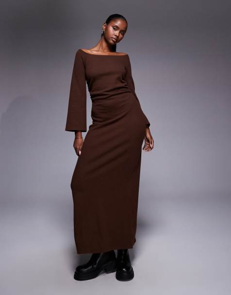 ASOS DESIGN - Robe longue et ultra douce avec manches longues et empiècement en dentelle - Chocolat - view 1