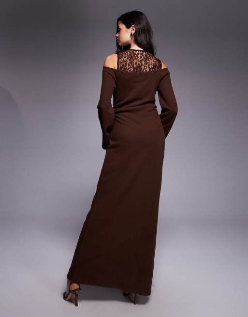 ASOS DESIGN - Robe longue et ultra douce avec manches longues et empiècement en dentelle - Chocolat, 2 de 4