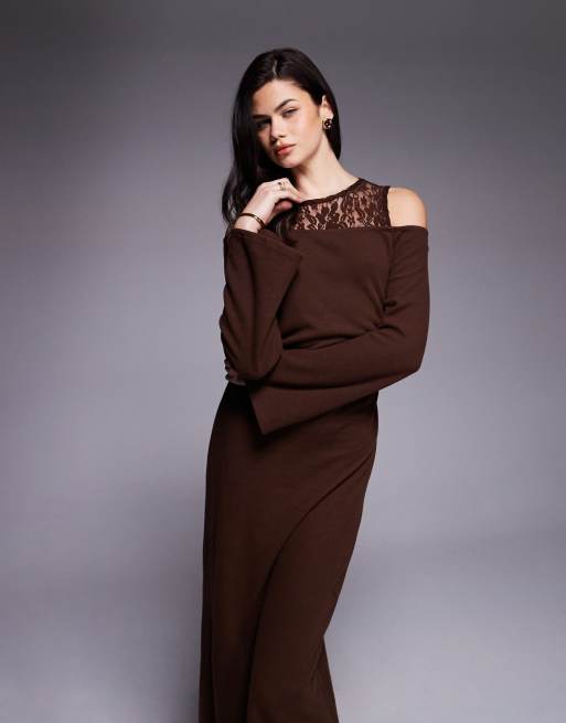 ASOS DESIGN - Robe longue et ultra douce avec manches longues et empiècement en dentelle - Chocolat, 4 de 4