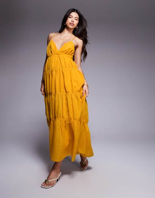 ASOS DESIGN - Robe longue étagée à bretelles avec fronces et jupe volumineuse - Moutarde, 3 de 4