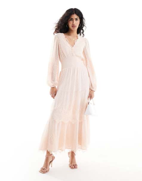 ASOS DESIGN - Robe longue étagée en plumetis à bords en dentelle - Rose clair - view 1