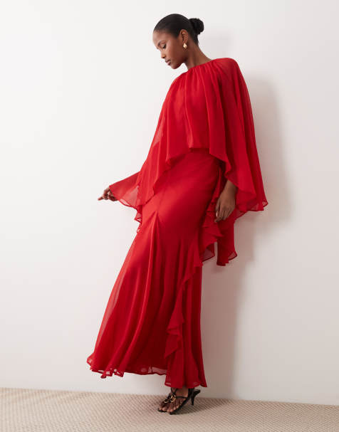 ASOS DESIGN - Robe longue évasée à mancherons et volants - Rouge - view 1