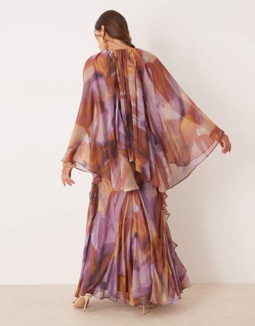 ASOS DESIGN - Robe longue évasée en mousseline imprimé abstrait avec superpositions et volants - Violet, 3 de 4