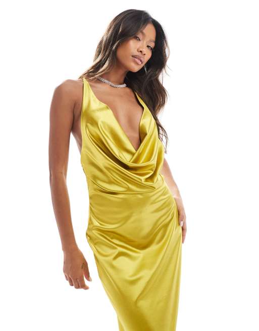 ASOS DESIGN Robe longue extensible en satin a col benitier Citron vert ASOS