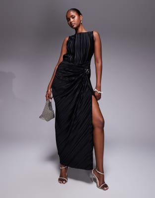 Robe longue fendue à plis et détail en métal - Noir 32
