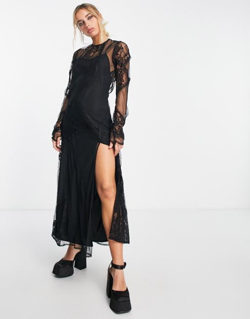 ASOS DESIGN Robe longue fendue en dentelle avec dos nu Noir