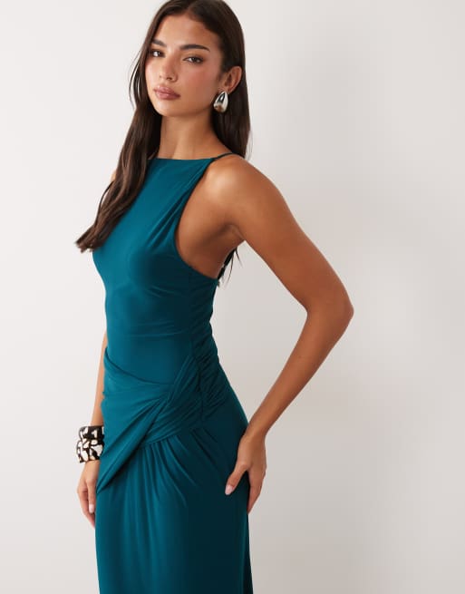 ASOS DESIGN robe longue fluide à taille froncée en bleu pétrole, 4 de 4