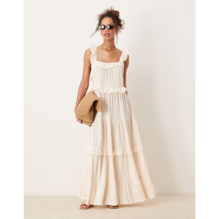 Robe Bohème French Connection Taille 6 (Grand 6) - Taupe à Volants - Occasion Très Bon État