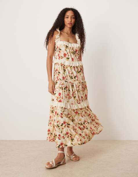 ASOS DESIGN - Robe longue fluide à volants et imprimé fleurs vintage avec empiècements en dentelle - view 1