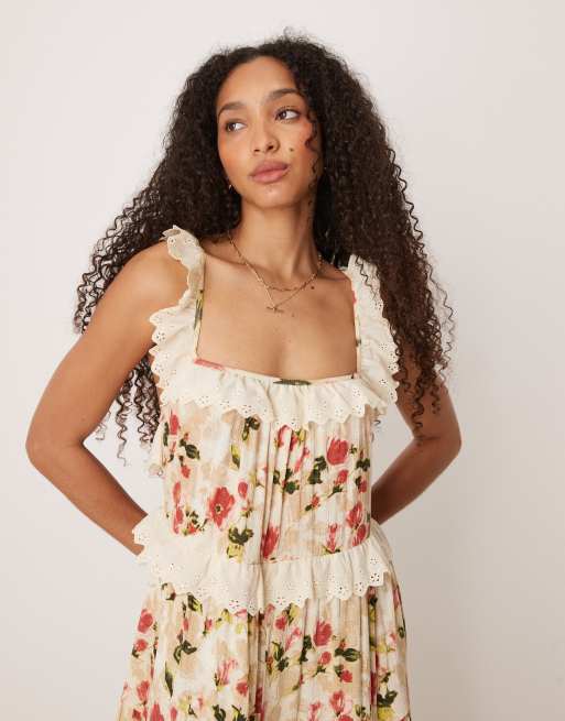 ASOS DESIGN - Robe longue fluide à volants et imprimé fleurs vintage avec empiècements en dentelle, 2 de 4