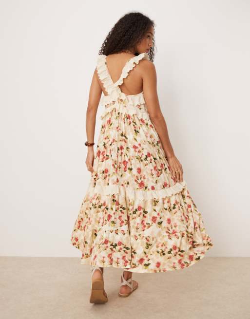 ASOS DESIGN - Robe longue fluide à volants et imprimé fleurs vintage avec empiècements en dentelle, 3 de 4
