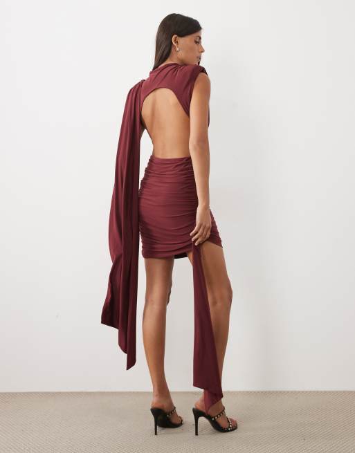 ASOS DESIGN robe longue fluide dos nu avec détail de franges à pampilles en prune, 3 de 4