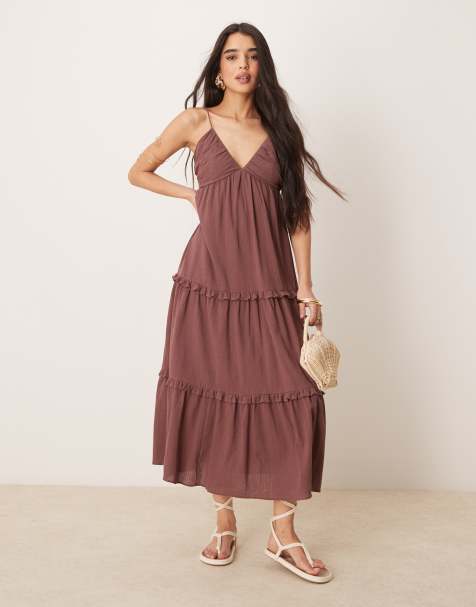 ASOS DESIGN - Robe longue froissée à bretelles - Marron délavé - view 1