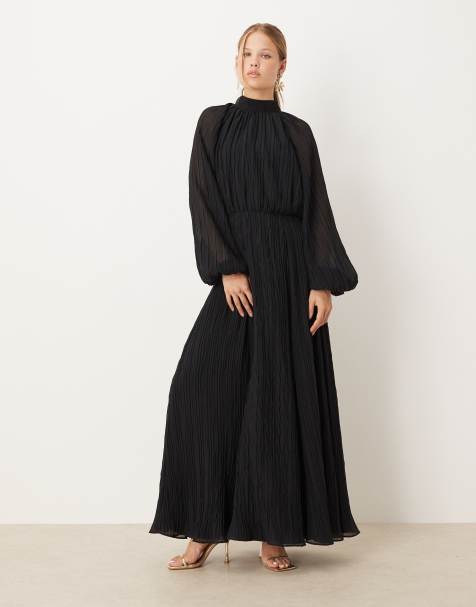ASOS DESIGN - Robe longue froissée à col montant et manches blouson - Noir - view 1