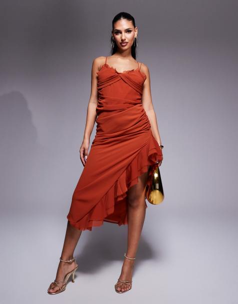 ASOS DESIGN - Robe longue froissée et drapée à bretelles avec volants - Rouille - view 1