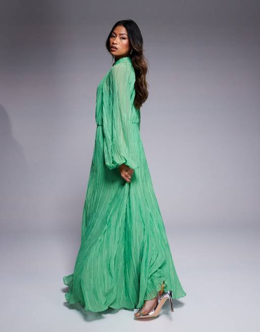 ASOS DESIGN - Robe longue froissée et plissée à manches blousantes et col montant - Vert, 3 de 4