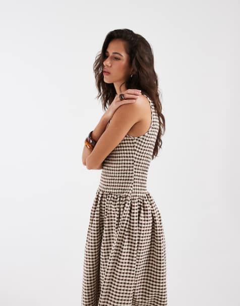 ASOS DESIGN robe longue froncée à carreaux marron - view 1