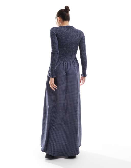 ASOS DESIGN - Robe longue froncée à carreaux variés - Marron, 3 de 4