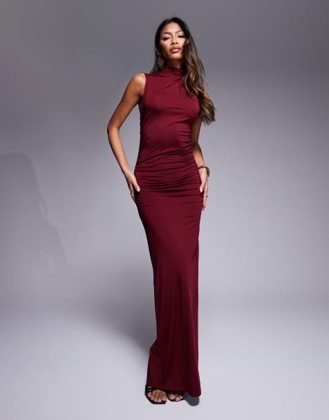 ASOS DESIGN - Robe longue froncée à col montant - Bordeaux - view 1