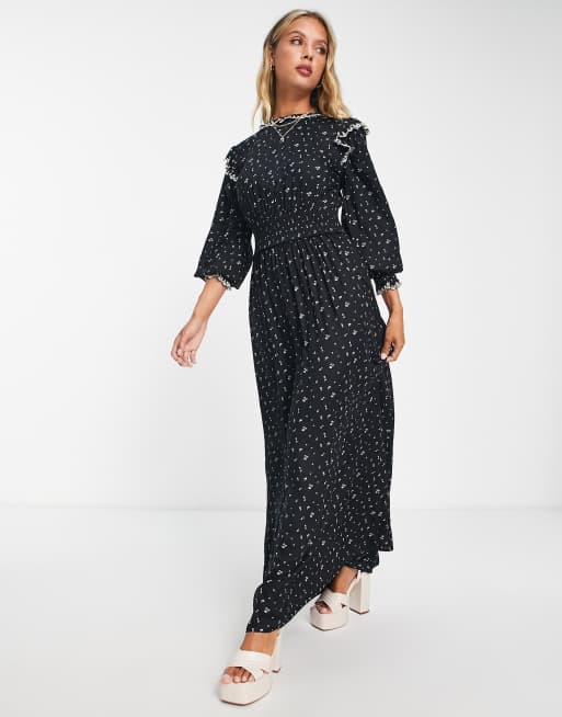 ASOS DESIGN Robe longue fronc e la taille avec coutures contrastantes et grand imprim petites fleurs Noir